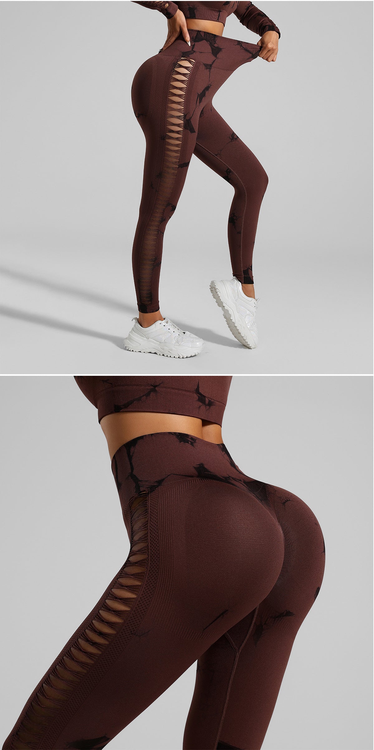 Coffee and Black Tie-Dye Size L Tie-Dye Premium Yoga Set Long Sleeve Butt Lift Leggings Seamless Workout Training Gym Clothes