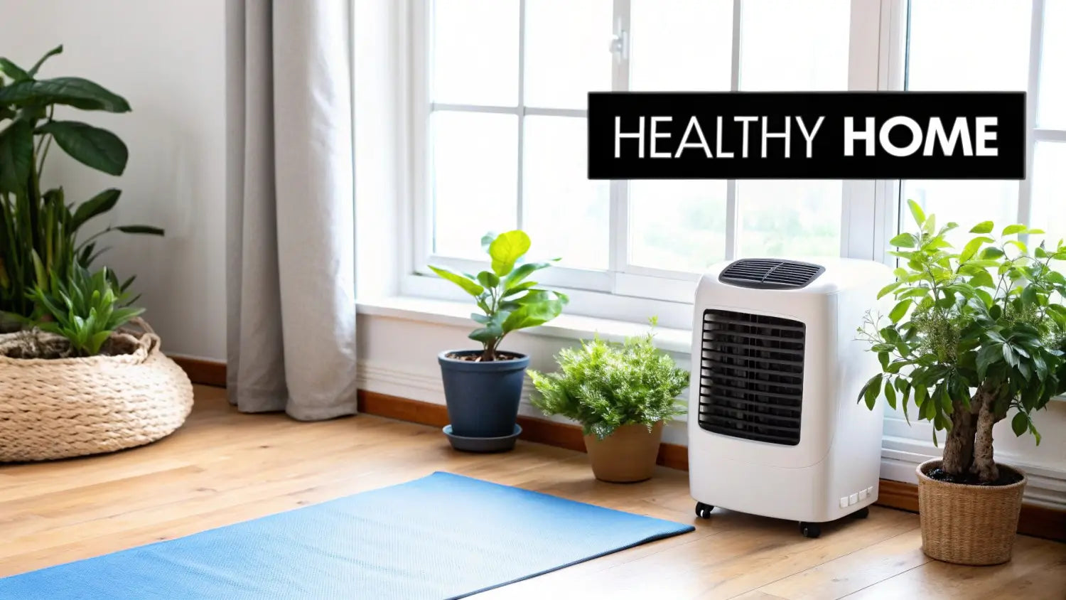 A white evaporative cooler stands next to potted plants and a blue yoga mat in a healthy home.
