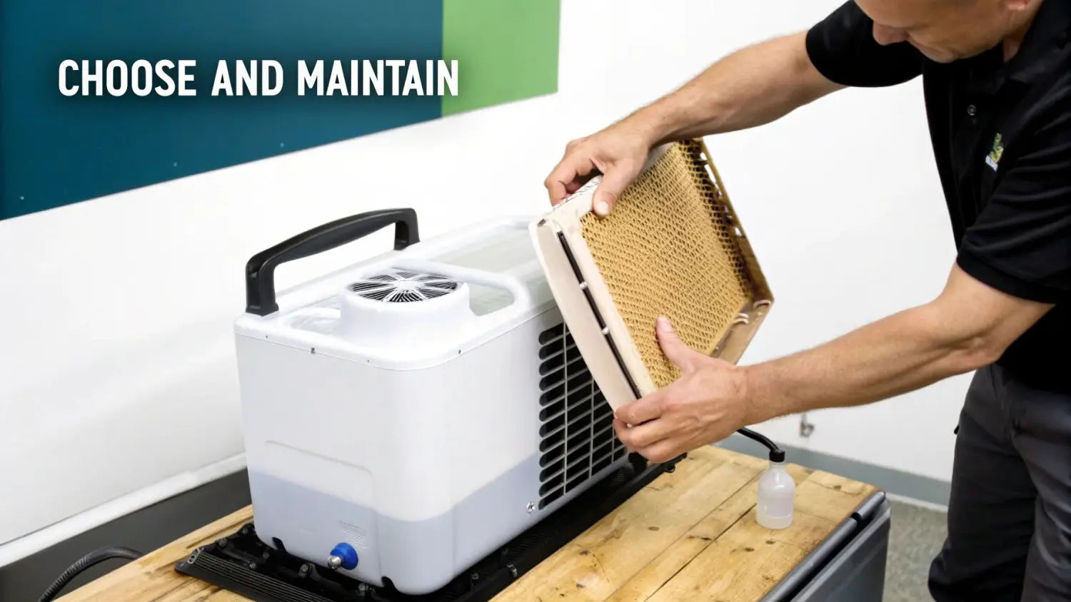 A man demonstrates how to maintain an evaporative cooler, holding a filter pad next to the unit.