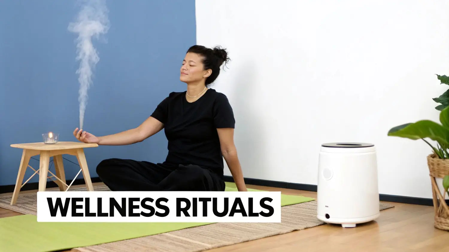 Serene woman meditating with incense, a candle, and an evaporative cooler for relaxation.