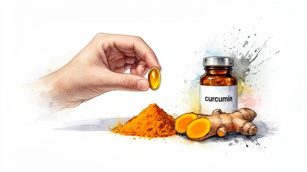 A hand holds a curcumin capsule, with turmeric powder, root, and a curcumin pill bottle.