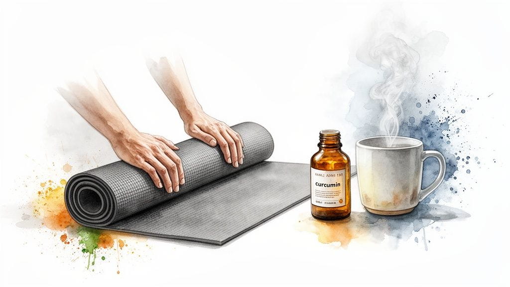 Hands rolling a grey yoga mat next to a curcumin bottle and a steaming mug, depicting a wellness routine.