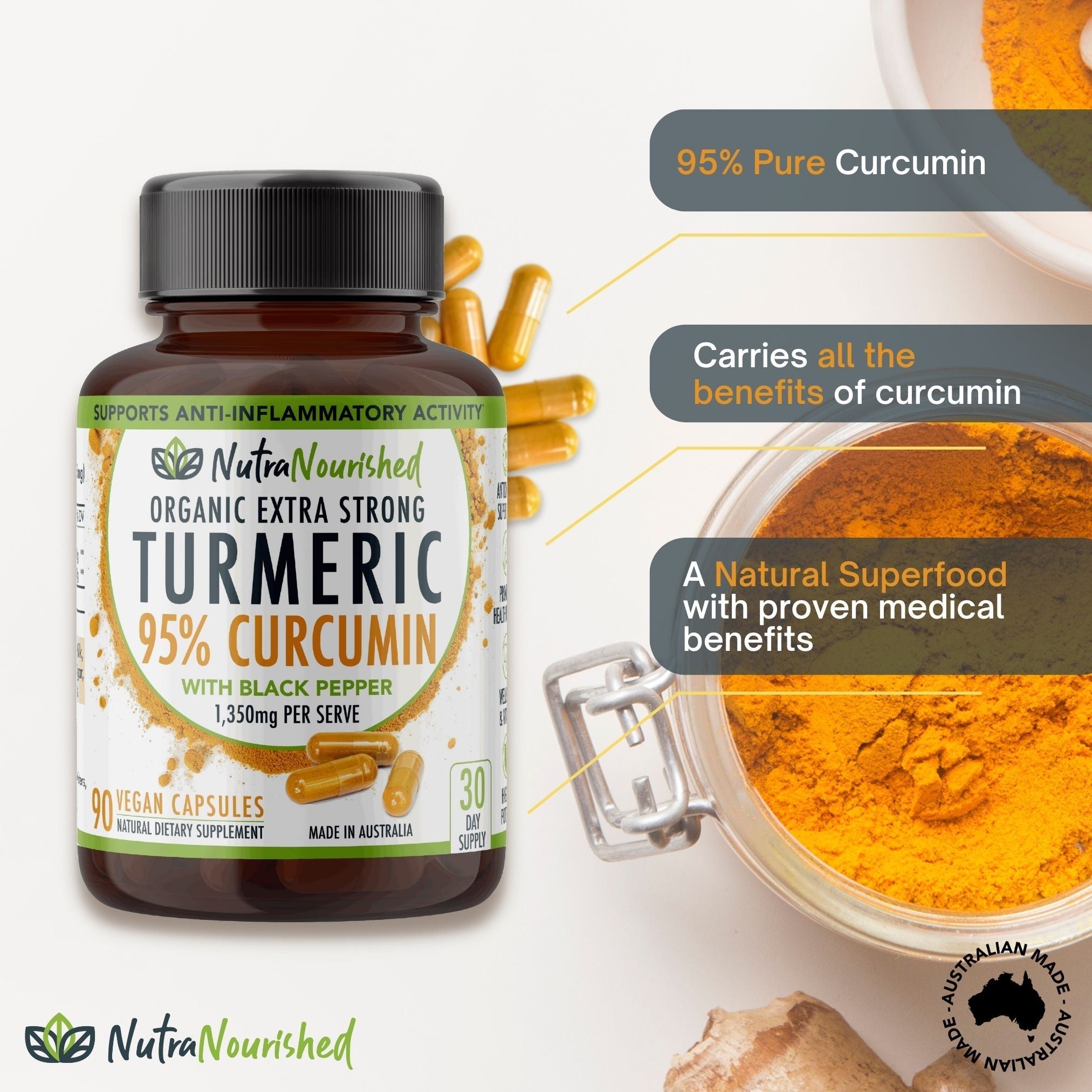 Curcumin Tablets - 95% Pure Organic Vegan - Turmeric Extract Buffered with Black Pepper (1,350mg) - Health & Beauty >