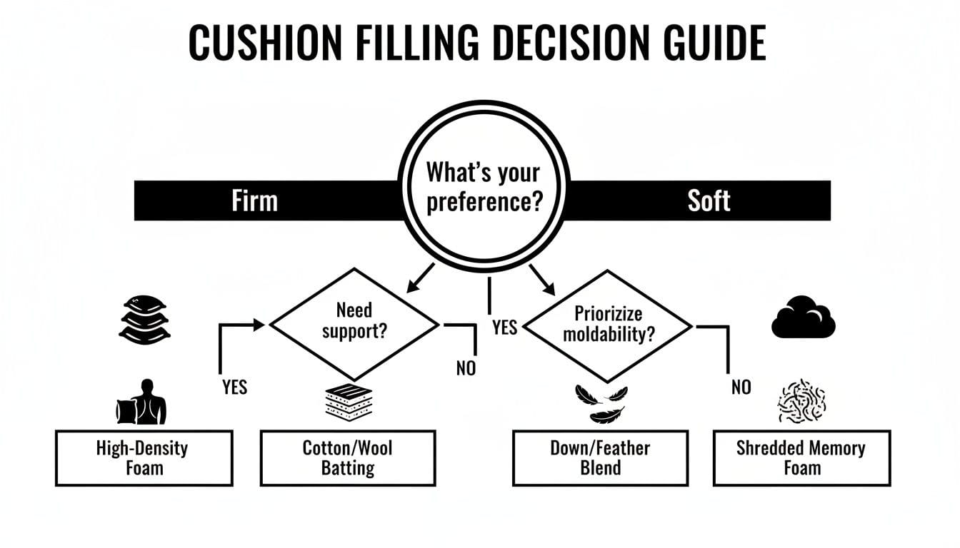 A cushion filling decision guide flowchart, helping choose between firm and soft options based on support and moldability.