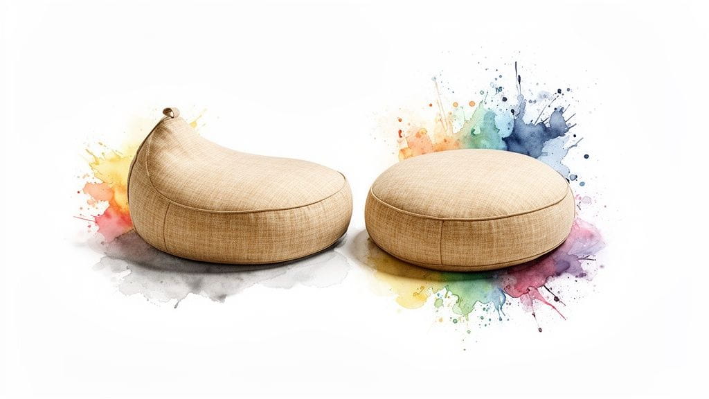 Soft beige beanbag and round cushion on white background with vibrant watercolor art.