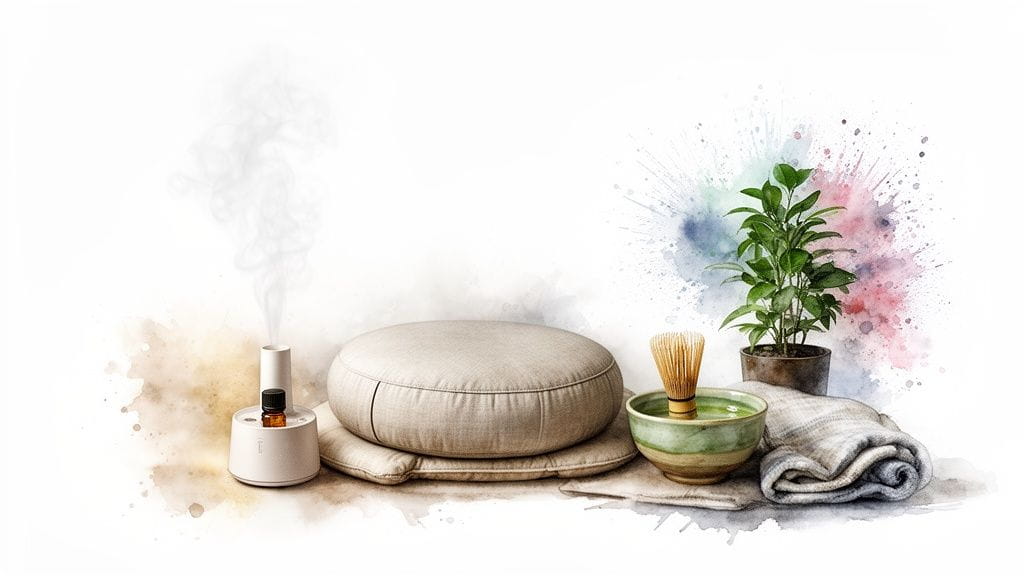 A serene meditation setup with a cushion, diffuser, matcha, plant, and towel against a watercolor background.