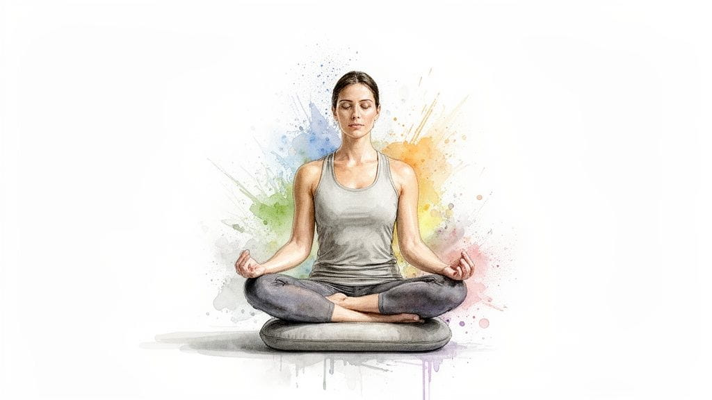 A woman meditates peacefully on a cushion, surrounded by vibrant watercolor splatters, fostering tranquility.