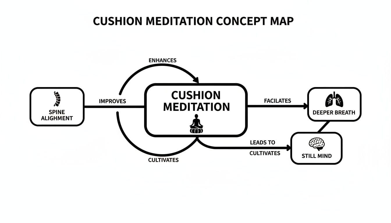 Cushion Meditation concept map showing its benefits for spine alignment, deeper breath, and a still mind.