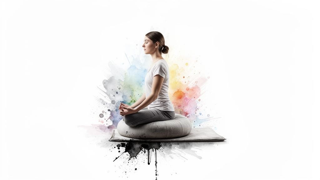 A young woman meditates peacefully on a cushion, surrounded by vibrant watercolor splashes.