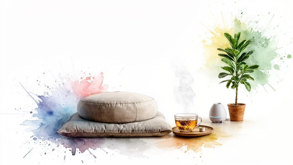 Meditation setup with zafu and zabuton cushions, steaming tea, diffuser, and potted plant with colorful splashes.