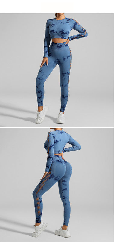 Dark Blue Size M Tie-Dye Premium Yoga Set Long Sleeve Butt Lift Leggings Seamless Workout Training Gym Clothes