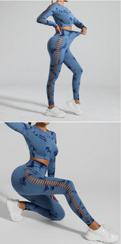 Dark Blue Size M Tie-Dye Premium Yoga Set Long Sleeve Butt Lift Leggings Seamless Workout Training Gym Clothes
