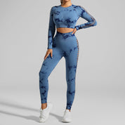 Dark Blue Size M Tie-Dye Premium Yoga Set Long Sleeve Butt Lift Leggings Seamless Workout Training Gym Clothes