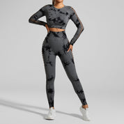 Dark Gray Size S Tie-Dye Premium Yoga Set Long Sleeve Butt Lift Leggings Seamless Workout Training Gym Clothes