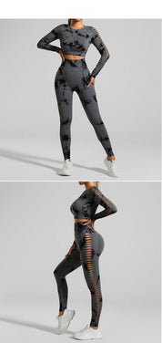 Dark Gray Size S Tie-Dye Premium Yoga Set Long Sleeve Butt Lift Leggings Seamless Workout Training Gym Clothes