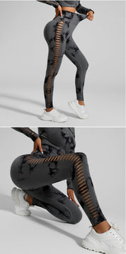 Dark Gray Size S Tie-Dye Premium Yoga Set Long Sleeve Butt Lift Leggings Seamless Workout Training Gym Clothes