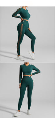 Dark Green Size L Tie-Dye Premium Yoga Set Long Sleeve Butt Lift Leggings Seamless Workout Training Gym Clothes
