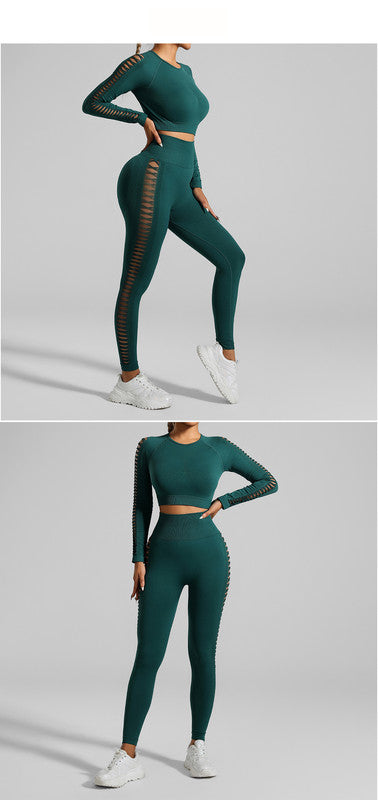 Dark Green Size M Tie-Dye Premium Yoga Set Long Sleeve Butt Lift Leggings Seamless Workout Training Gym Clothes