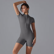 Dark Grey Size S Women’s Summer Zip-Up Bodysuit - Short Sleeve High Stretch Yoga & Dance Outfit Breathable Fitness Wear