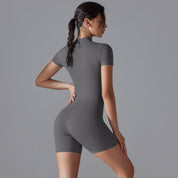 Dark Grey Size S Women’s Summer Zip-Up Bodysuit - Short Sleeve High Stretch Yoga & Dance Outfit Breathable Fitness Wear