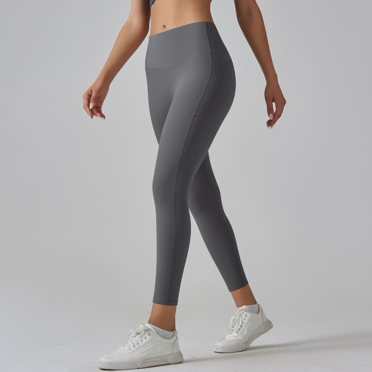 Dark Grey Size XL High-Waist Seamless Yoga Pants for Women - Fitness Leggings with Pockets Quick-Dry Butt-Lifting