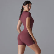 Dark Red Size L Women’s Summer Zip-Up Bodysuit - Short Sleeve High Stretch Yoga & Dance Outfit Breathable Fitness Wear