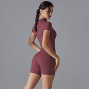 Dark Red Size S Women’s Summer Zip-Up Bodysuit - Short Sleeve High Stretch Yoga & Dance Outfit Breathable Fitness Wear