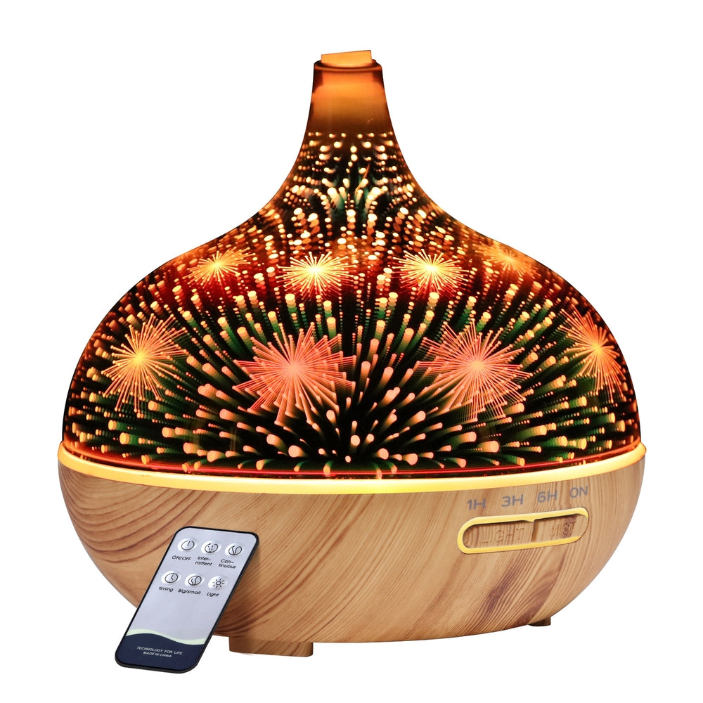 3D Glass Essential Oil Diffuser with Firework Patterns and Wooden Base by Devanti Aroma Diffuser