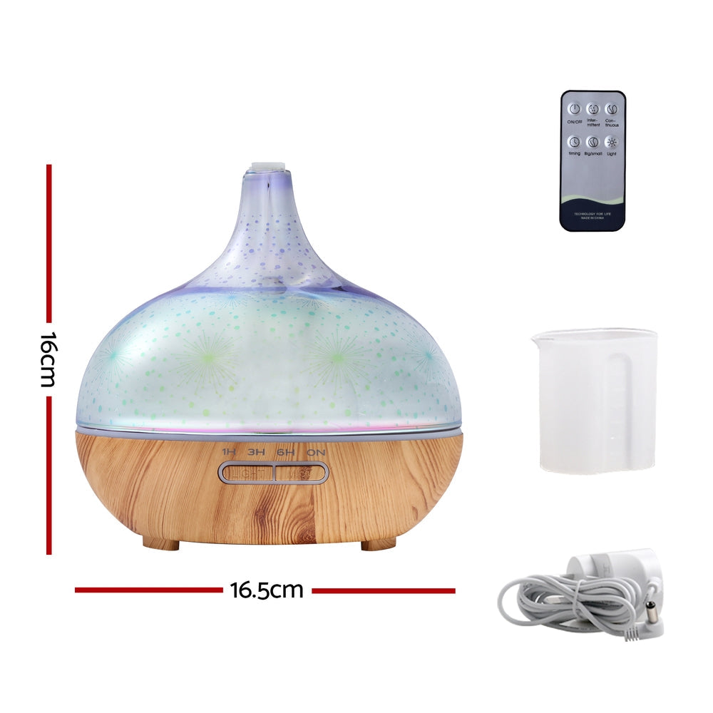 Wood-grain Devanti Aroma Diffuser with frosted glass top and 7-colour LED night light