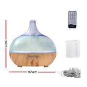 Wood-grain Devanti Aroma Diffuser with frosted glass top and 7-colour LED night light