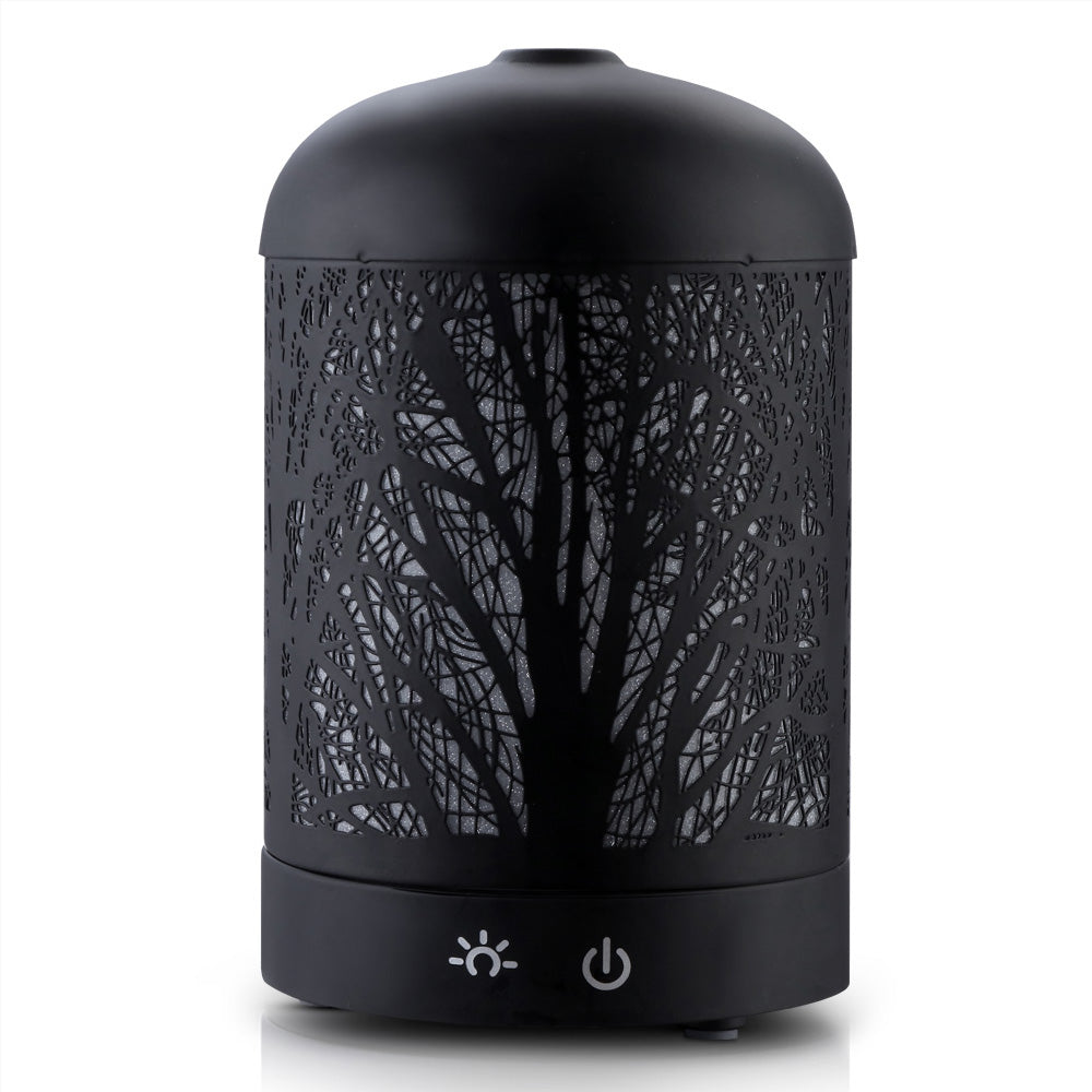 Black Devanti Aroma Diffuser with enchanted forest pattern and whisper-quiet operation