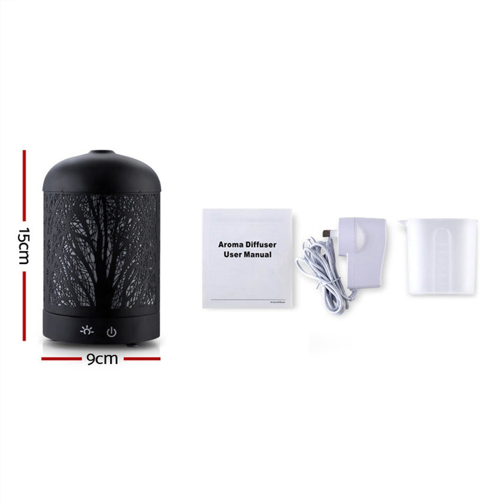 Black cylindrical Devanti Aroma Diffuser with enchanted forest pattern and 7-colour LED