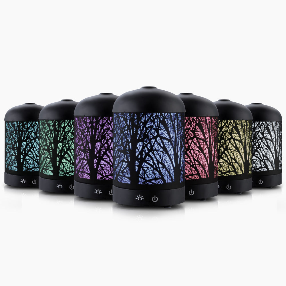 Color-changing Devanti Aroma Diffuser with enchanted forest pattern and whisper-quiet operation