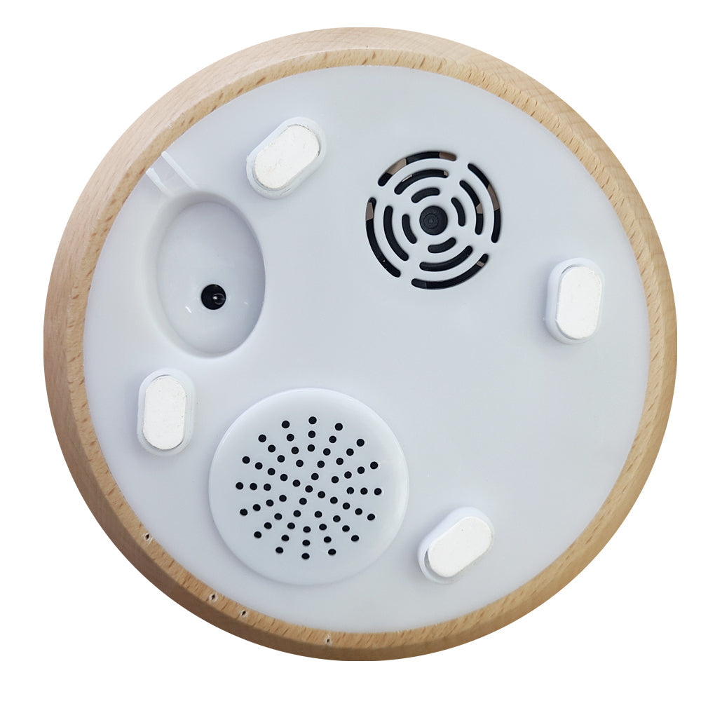 Circular white Devanti Ultrasonic Aroma Diffuser on wooden frame with speakers and sensors