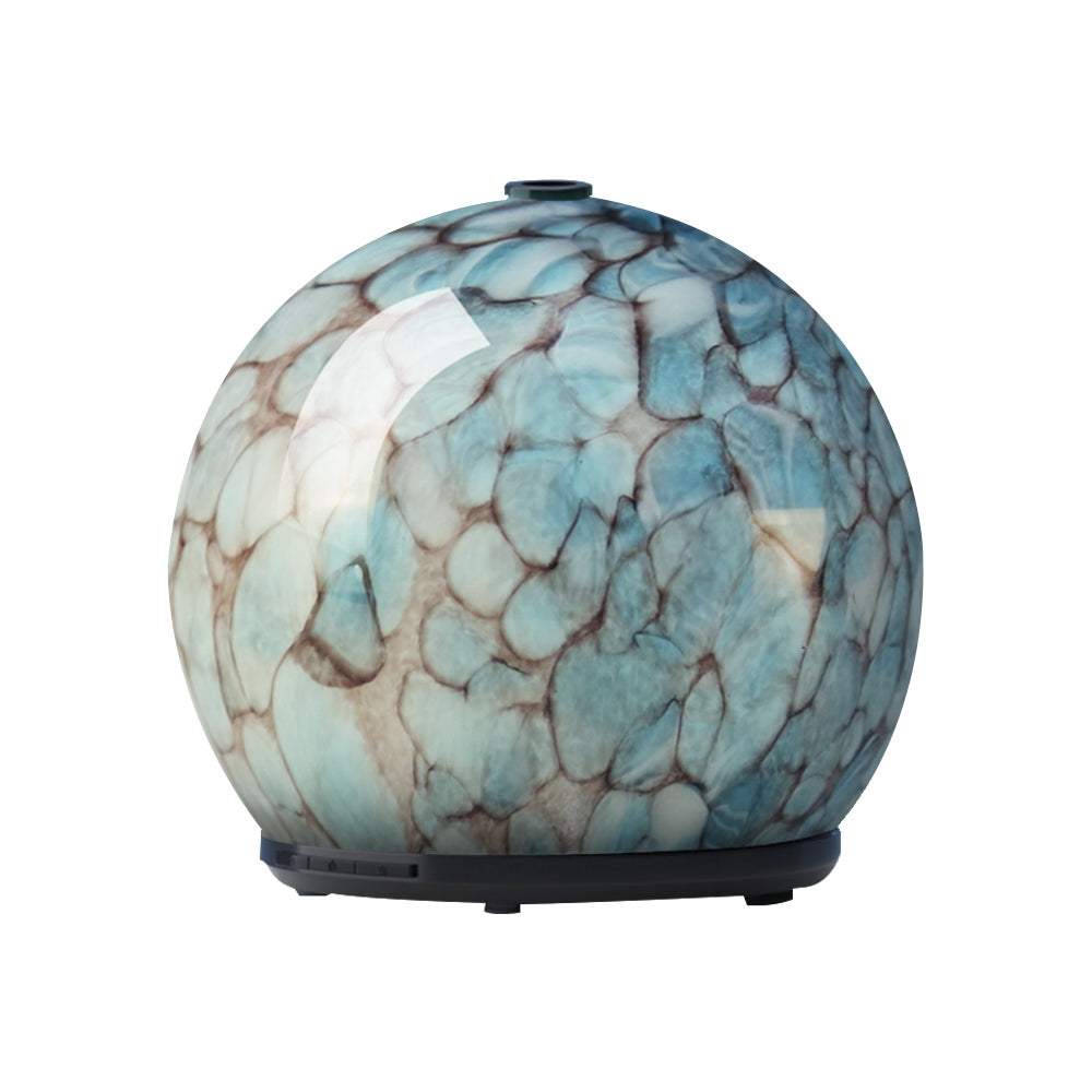 Spherical blue-tinted mosaic glass diffuser with 7-colour LED light for aromatherapy