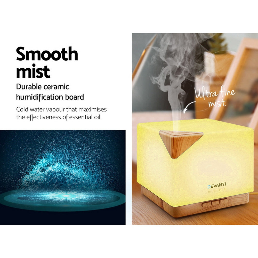 Devanti Aroma Diffuser with glowing yellow base, wood grain design and 7-colour LED