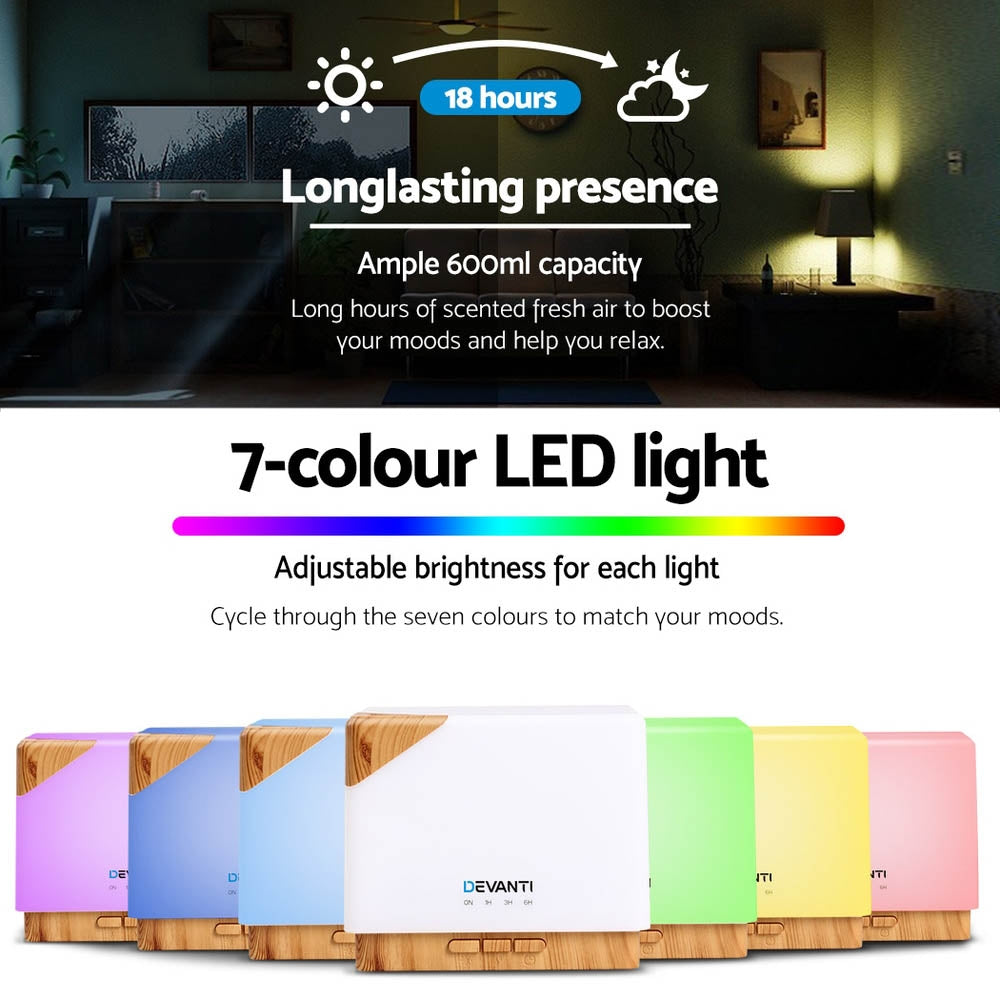 LED Essential Oil Diffuser with 7-colour LED and wood grain design by Devanti