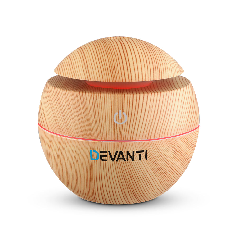 Spherical Devanti Aroma Diffuser with wood grain design and 7-colour LED night light