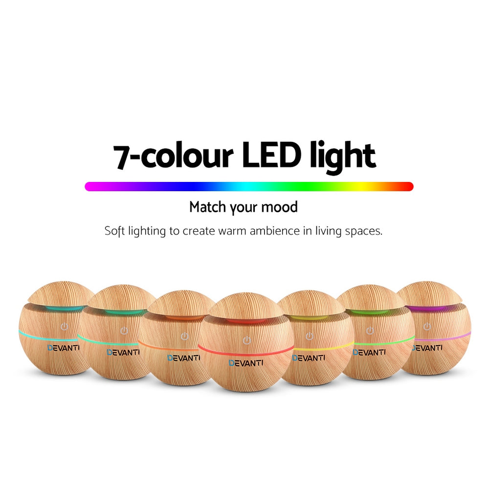 Wood grain design Devanti Aroma Diffuser with 7-colour LED night light options