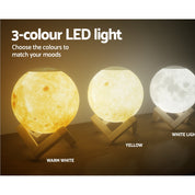 Moon-shaped LED lamps on wooden stands with touch switch and three color temperature options