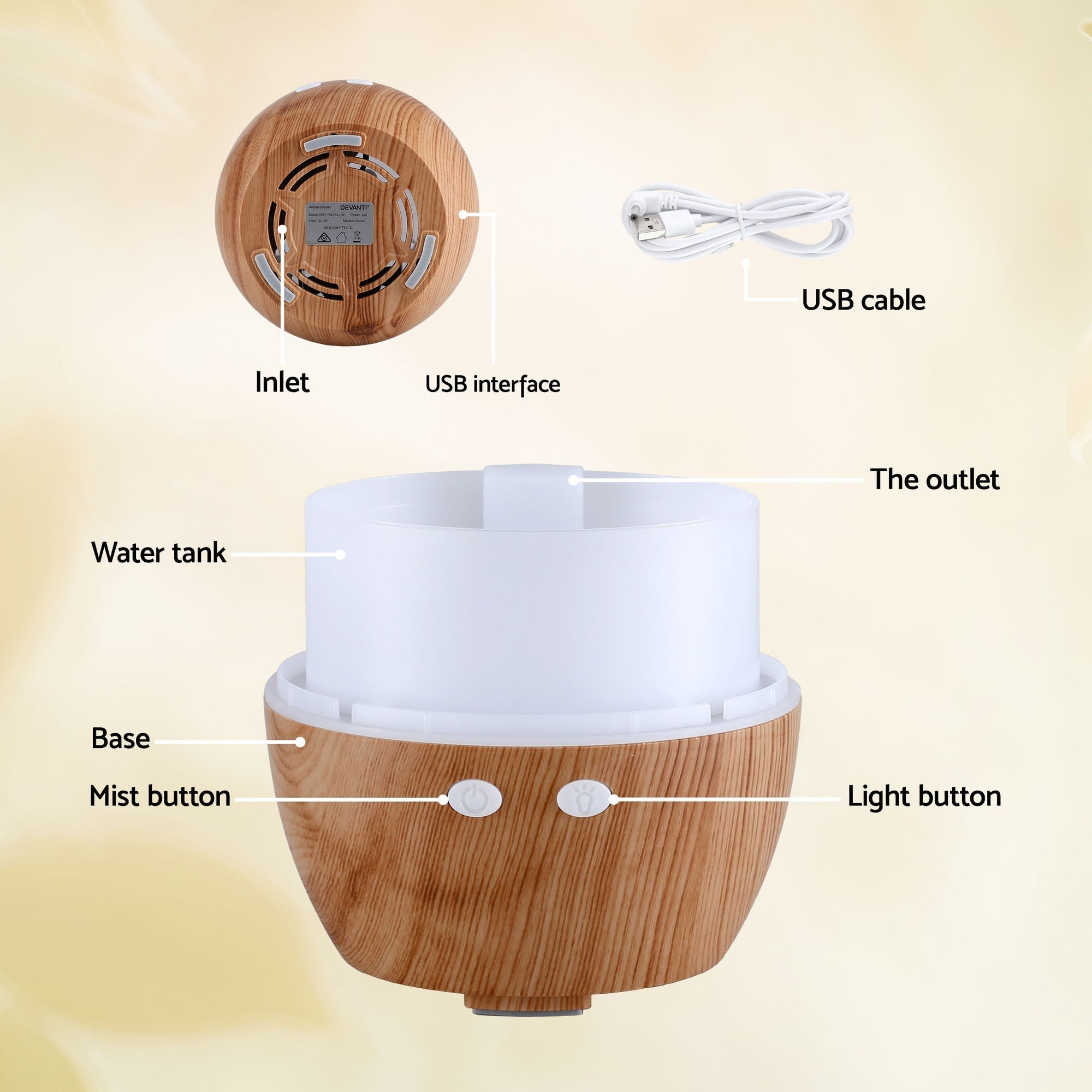 Devanti Ultrasonic Premium Aromatherapy Diffuser Aromatherapy 130ml LED Lights Iron Humidifier Forest