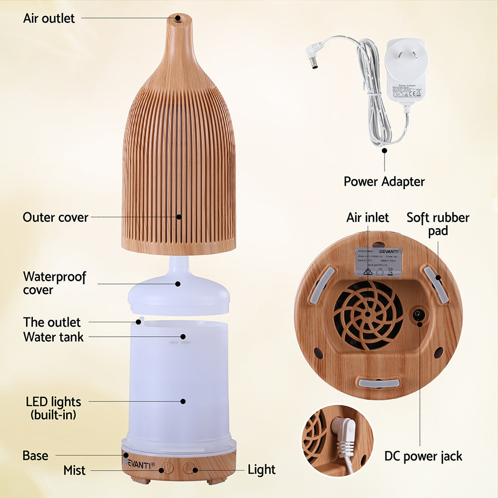 Devanti Ultrasonic Premium Aromatherapy Diffuser Aromatherapy 200ml LED Lights Iron Humidifier Forest Light wood grain