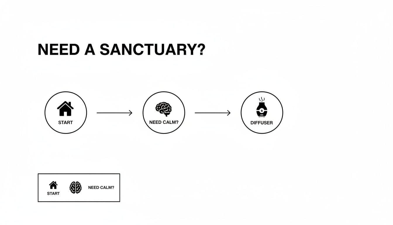 Flowchart illustrating steps to find sanctuary: start at home, need calm, leading to a diffuser.