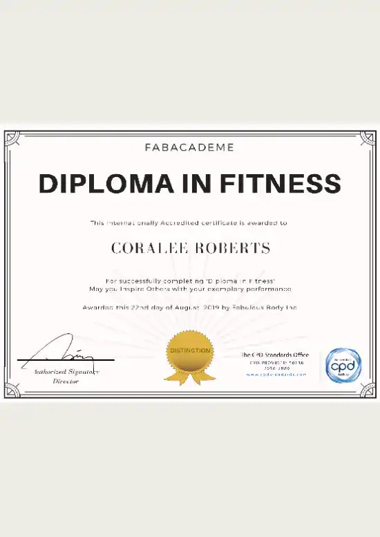 Diploma in Fitness certificate with a gold seal and signatures.