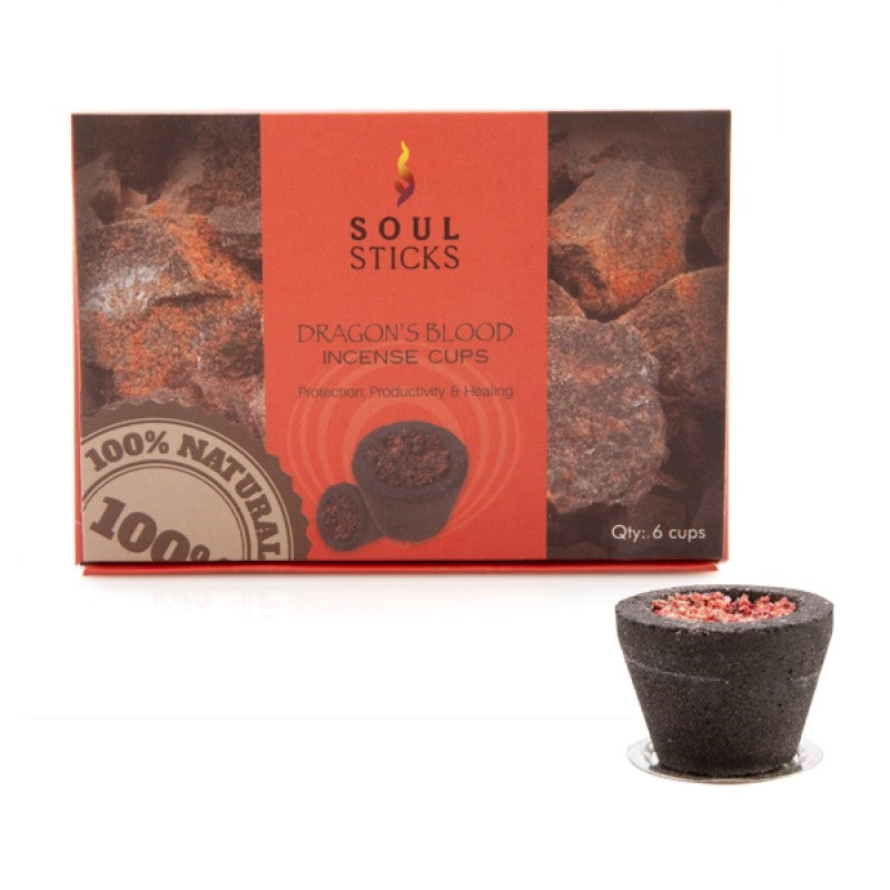 Dragon’s Blood incense cups in black packaging with orange-red label, incense cup set