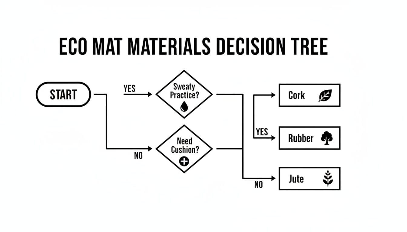 A decision tree for selecting eco mat materials based on sweaty practice and cushioning needs.