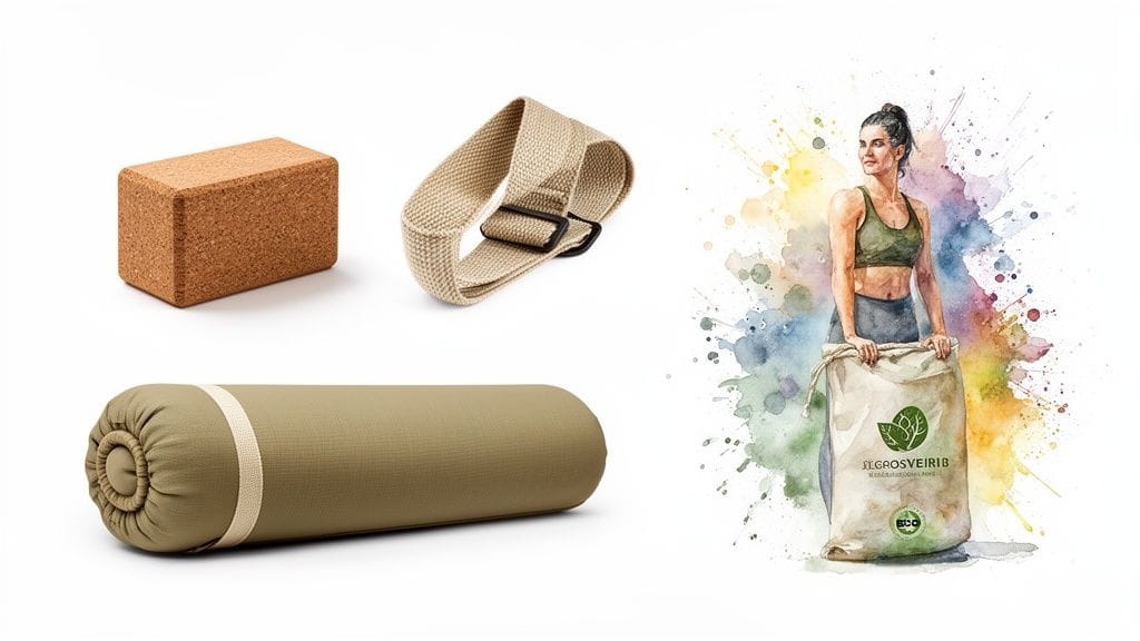 Eco-friendly yoga accessories including a cork block, beige strap, green bolster, and an 'ECO' bag.
