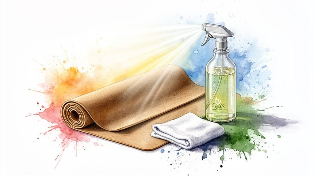 Eco-friendly yoga mat cleaning set with spray, towel, and rolled mat on a watercolor background.