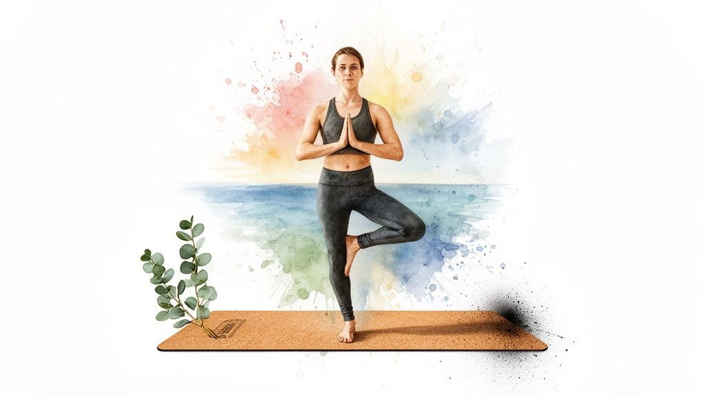 Woman in Tree Pose on a natural cork yoga mat, with an artistic watercolor ocean background.