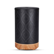 Black metal diffuser with diamond pattern and wood grain base for essential oils